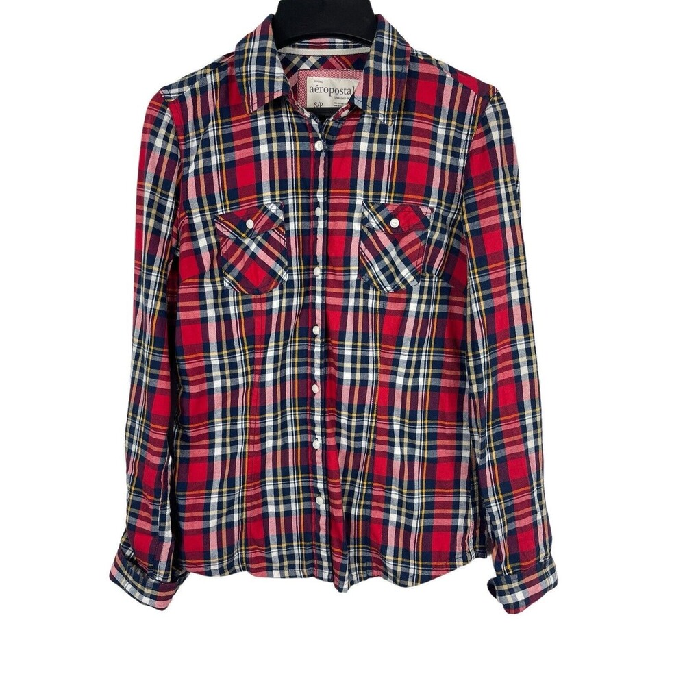 Aeropostale Royal Stewart Plaid Long Sleeve Collared Button Up 100% Cotton Top S
